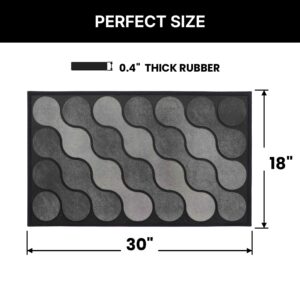 Gray ripple pattern outdoor rubber doormat dimensions, 30 inches wide by 18 inches deep, 0.4 inch thick durable rubber, perfect size for standard front doors
