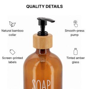 Close-up of amber glass soap dispenser showing solid bamboo collar, durable pump, screen-printed label, and thick glass