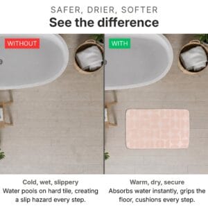 Bath mat comparison showing without (cold wet slippery floor with water pools and slip hazard) versus with blush pink bath mat (warm dry secure absorbent surface cushioning every step)