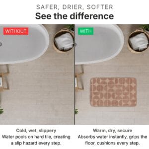 Bath mat comparison showing without (cold wet slippery floor with water pools and slip hazard) versus with caramel bath mat (warm dry secure absorbent surface cushioning every step)
