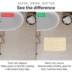 Bath mat comparison showing without (cold wet slippery floor with water pools and slip hazard) versus with cream bath mat (warm dry secure absorbent surface cushioning every step)