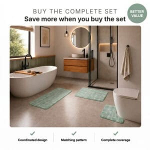 Better value sage green 3-piece bath rug set with coordinated design, matching pattern and complete bathroom coverage.