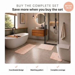 Better value blush pink 3-piece bath rug set with coordinated design, matching pattern and complete bathroom coverage.