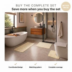 Better value cream 3-piece bath rug set with coordinated design, matching pattern and complete bathroom coverage.