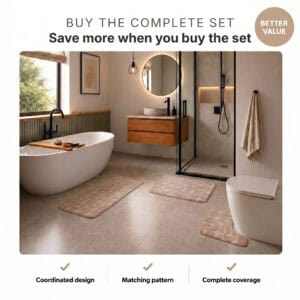 Better value caramel 3-piece bath rug set with coordinated design, matching pattern and complete bathroom coverage.
