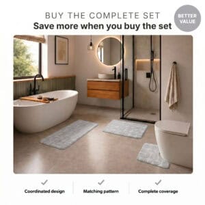 Better value light gray 3-piece bath rug set with coordinated design, matching pattern and complete bathroom coverage.
