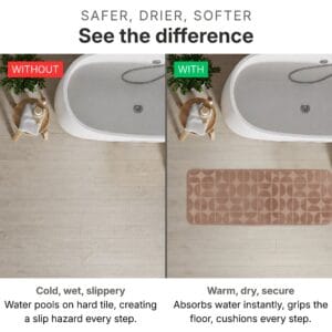 Bathroom runner comparison showing without (cold wet slippery floor with water pools and slip hazard) versus with caramel runner (warm dry secure absorbent surface cushioning every step)