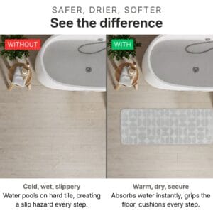 Bathroom runner comparison showing without (cold wet slippery floor with water pools and slip hazard) versus with light gray runner (warm dry secure absorbent surface cushioning every step)