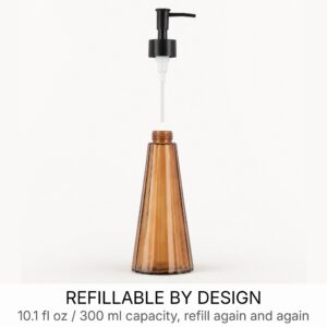 Exploded view of the amber glass soap dispenser showing the matte black pump, dip tube, and refillable 10.1 fl oz glass body