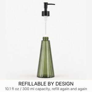 Exploded view of the olive green glass soap dispenser showing the matte black pump, dip tube, and refillable 10.1 fl oz glass body