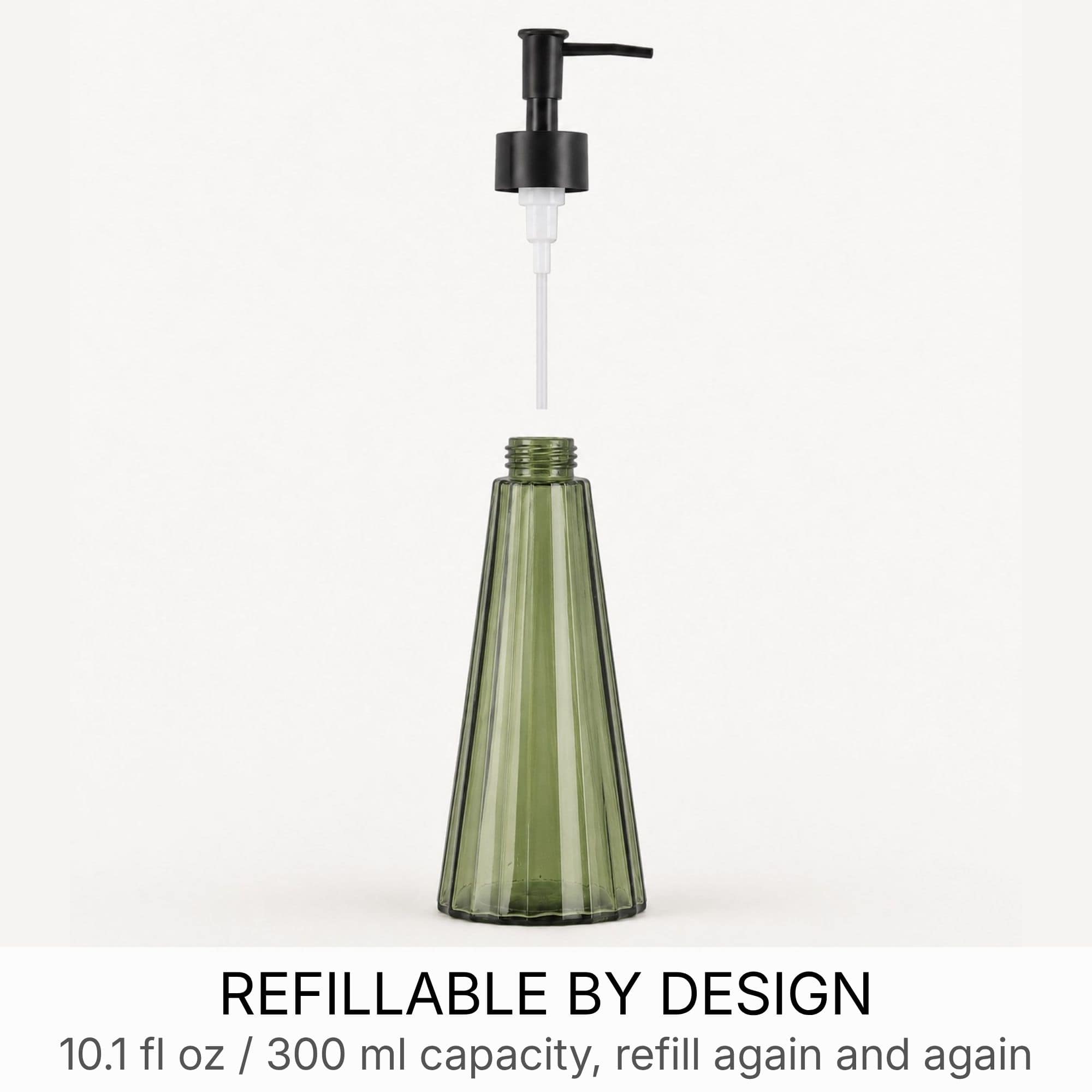 Exploded view of the olive green glass soap dispenser showing the matte black pump, dip tube, and refillable 10.1 fl oz glass body