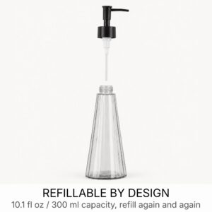 Exploded view of the smoked glass soap dispenser showing the matte black pump, dip tube, and refillable 10.1 fl oz glass body