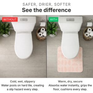 Before and after comparison: slippery wet bathroom floor without a mat versus dry, secure floor with the blush pink absorbent contour bath mat