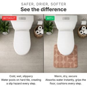 Before and after comparison: slippery wet bathroom floor without a mat versus dry, secure floor with the caramel absorbent contour bath mat