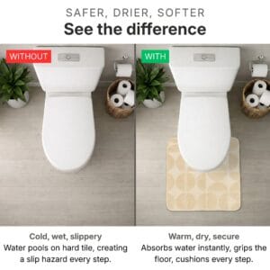 Before and after comparison: slippery wet bathroom floor without a mat versus dry, secure floor with the cream absorbent contour bath mat