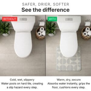 Before and after comparison: slippery wet bathroom floor without a mat versus dry, secure floor with the light gray absorbent contour bath mat
