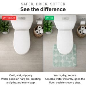Before and after comparison: slippery wet bathroom floor without a mat versus dry, secure floor with the sage green absorbent contour bath mat