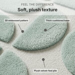 Close-up macro view of sage green bath mat texture showing 3D embossed half-circle pattern, plush velvet-feel pile and thick cushioned memory foam base for ultimate softness underfoot