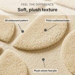 Close-up macro view of cream bathroom runner texture showing 3D embossed half-circle pattern, plush velvet-feel pile and thick cushioned memory foam base for ultimate softness underfoot