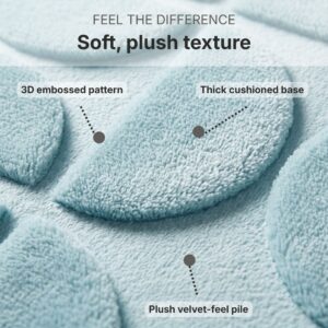 Close-up macro view of light blue bathroom runner texture showing 3D embossed half-circle pattern, plush velvet-feel pile and thick cushioned memory foam base for ultimate softness underfoot