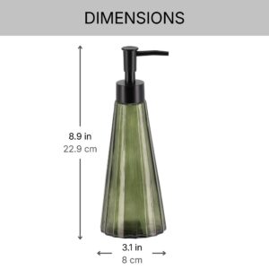 Olive green glass soap dispenser dimensions, 8.9 inches tall by 3.1 inches wide at the base