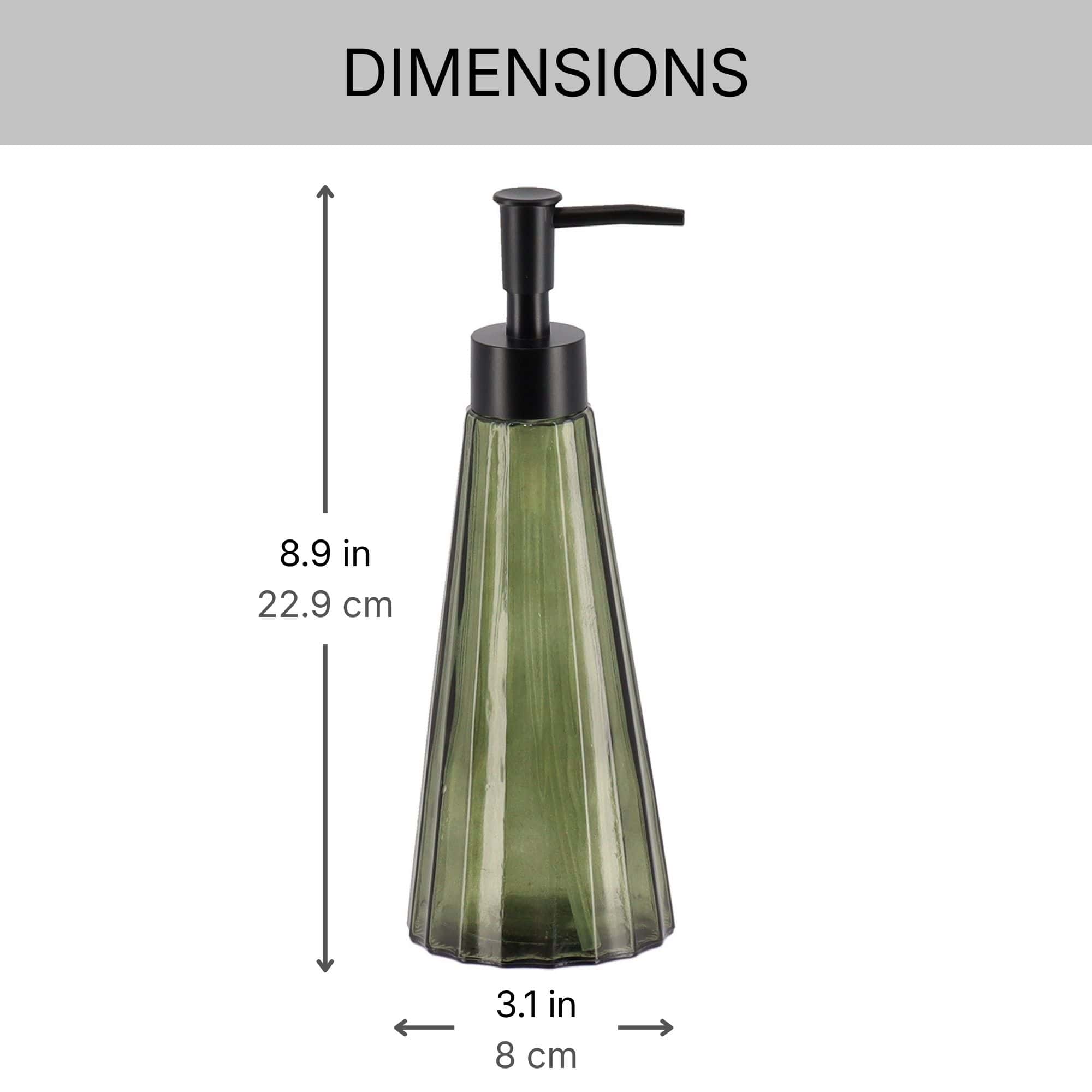 Olive green glass soap dispenser dimensions, 8.9 inches tall by 3.1 inches wide at the base