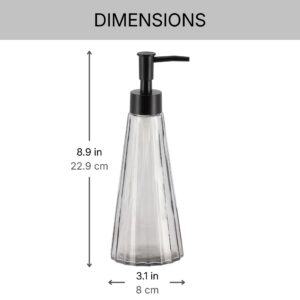 Smoked glass soap dispenser dimensions, 8.9 inches tall by 3.1 inches wide at the base