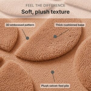 Plush velvet-feel memory foam bath rug close-up showing 3D embossed half-circle pattern and thick cushioned base.