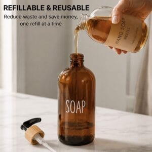 Refillable and reusable amber glass soap dispenser, reduce waste and save money with every refill