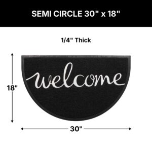 Dimensions infographic for the black welcome doormat, semi-circle shape measuring 30 inches wide by 18 inches deep and 1/4 inch thick