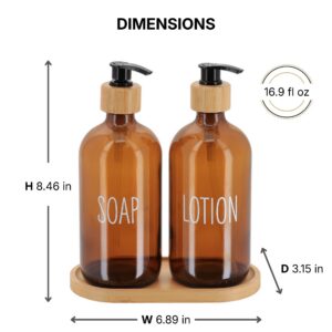 Dimensions of the amber glass soap and lotion dispenser set: 8.46 in height, 6.89 in width, 3.15 in depth, 16.9 fl oz capacity