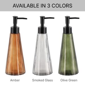 Three color options for the conical faceted glass soap dispenser: amber, smoked glass, and olive green