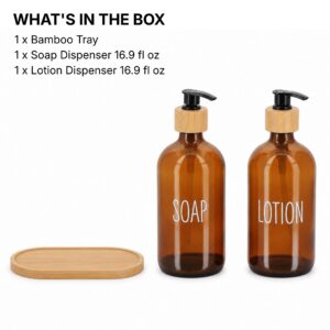 Set of 3 included: 1 bamboo tray, 1 soap dispenser 16.9 fl oz, 1 lotion dispenser 16.9 fl oz