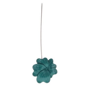 01 (hero packshot): Dark green metal flower curtain tieback with a thin silver cable loop, shown against a plain background to highlight the glossy sculpted petal detail.