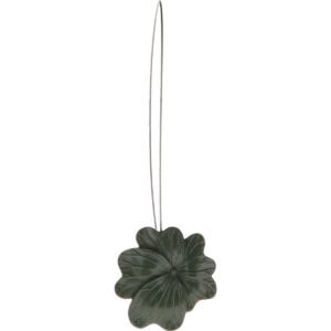 01 (hero packshot): Khaki green metal flower curtain tieback with a thin silver cable loop, shown against a plain background to highlight the glossy sculpted petal detail.