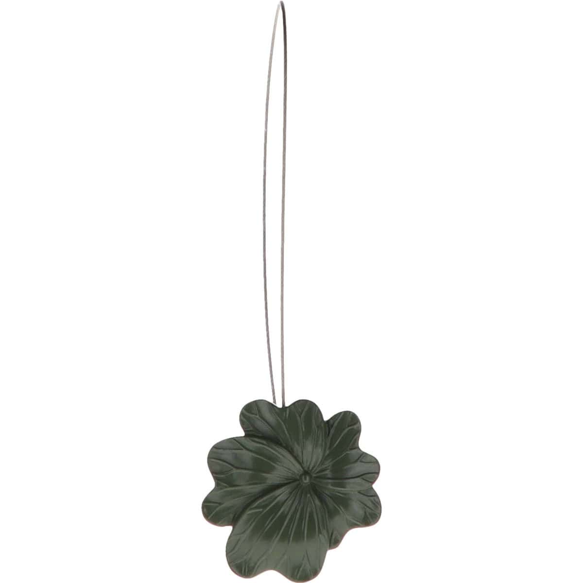 01 (hero packshot): Khaki green metal flower curtain tieback with a thin silver cable loop, shown against a plain background to highlight the glossy sculpted petal detail.