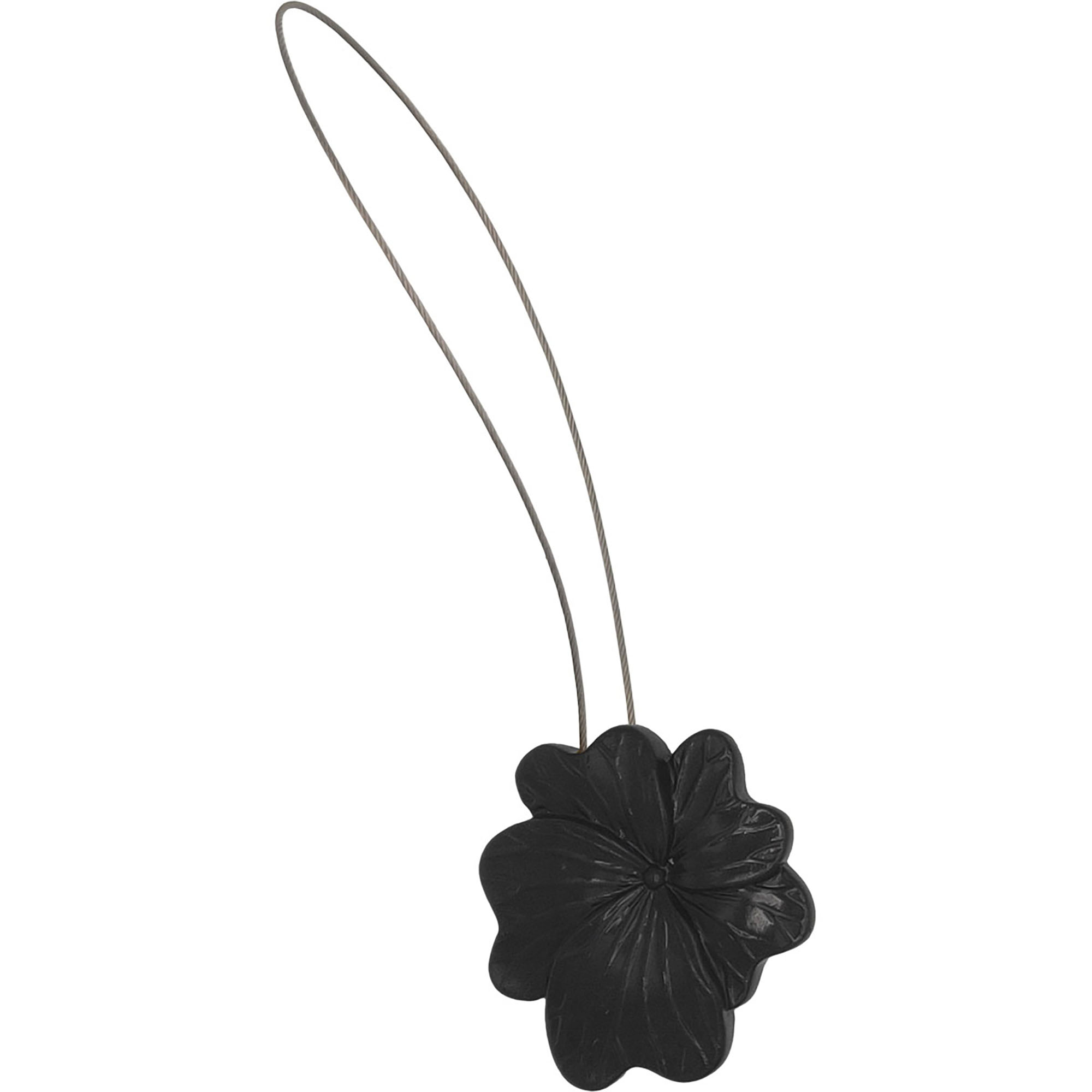01 (hero packshot): Matte black metal flower curtain tieback with a thin silver cable loop, shown against a plain background to highlight the sculpted petal detail.