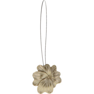 01 (hero packshot): Matte gold metal flower curtain tieback with a thin silver cable loop, shown against a plain background to highlight the sculpted petal detail.