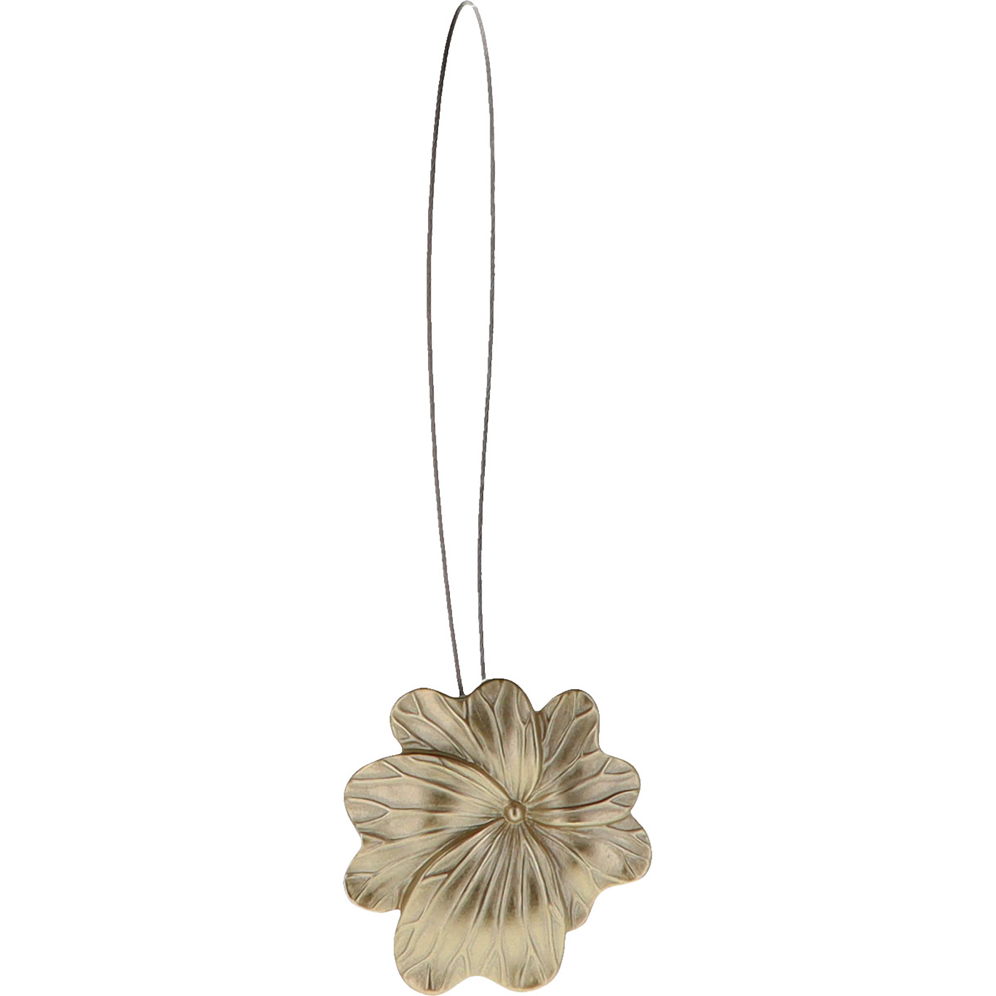 01 (hero packshot): Matte gold metal flower curtain tieback with a thin silver cable loop, shown against a plain background to highlight the sculpted petal detail.