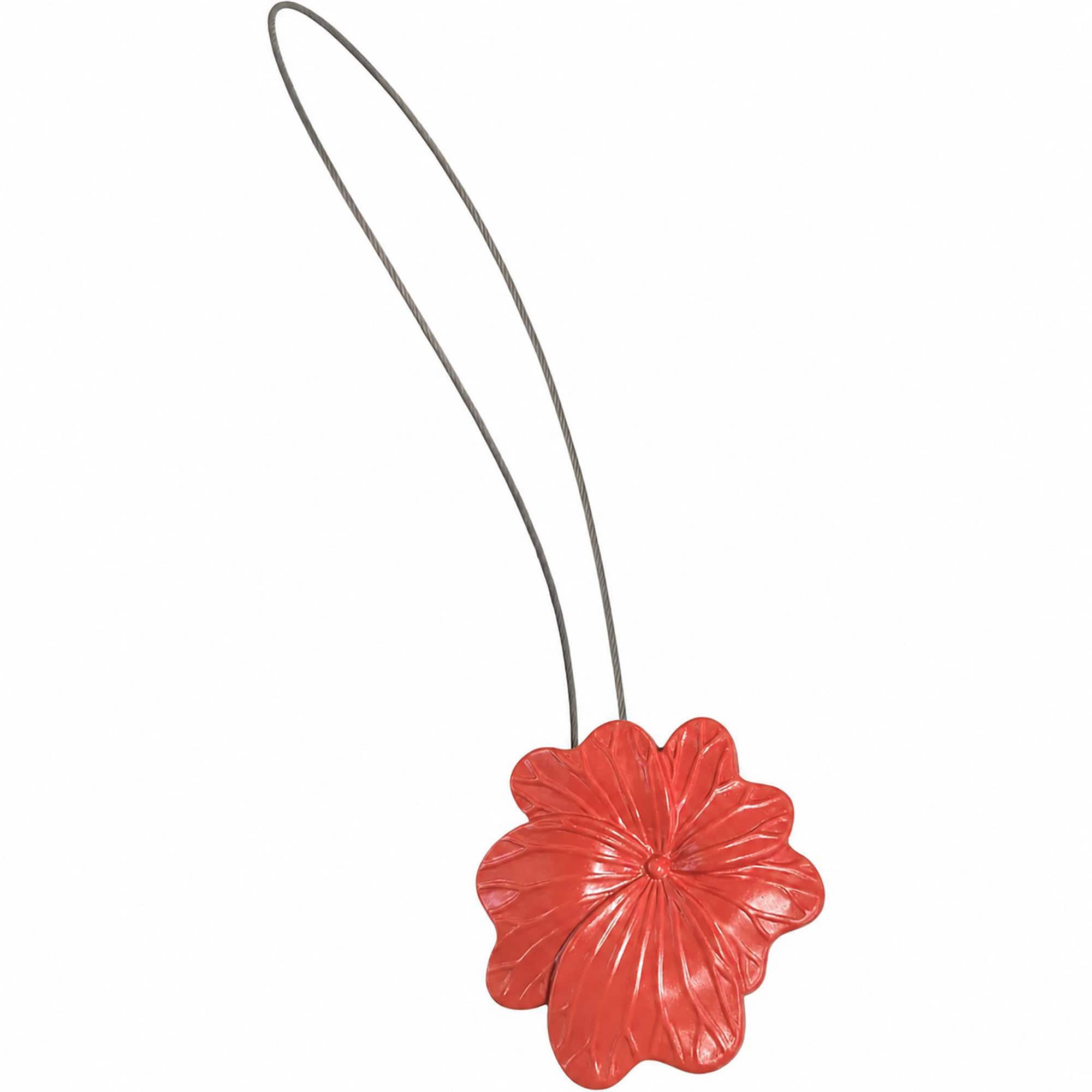 01 (hero packshot): Terracotta metal flower curtain tieback with a thin silver cable loop, shown against a plain background to highlight the glossy sculpted petal detail.