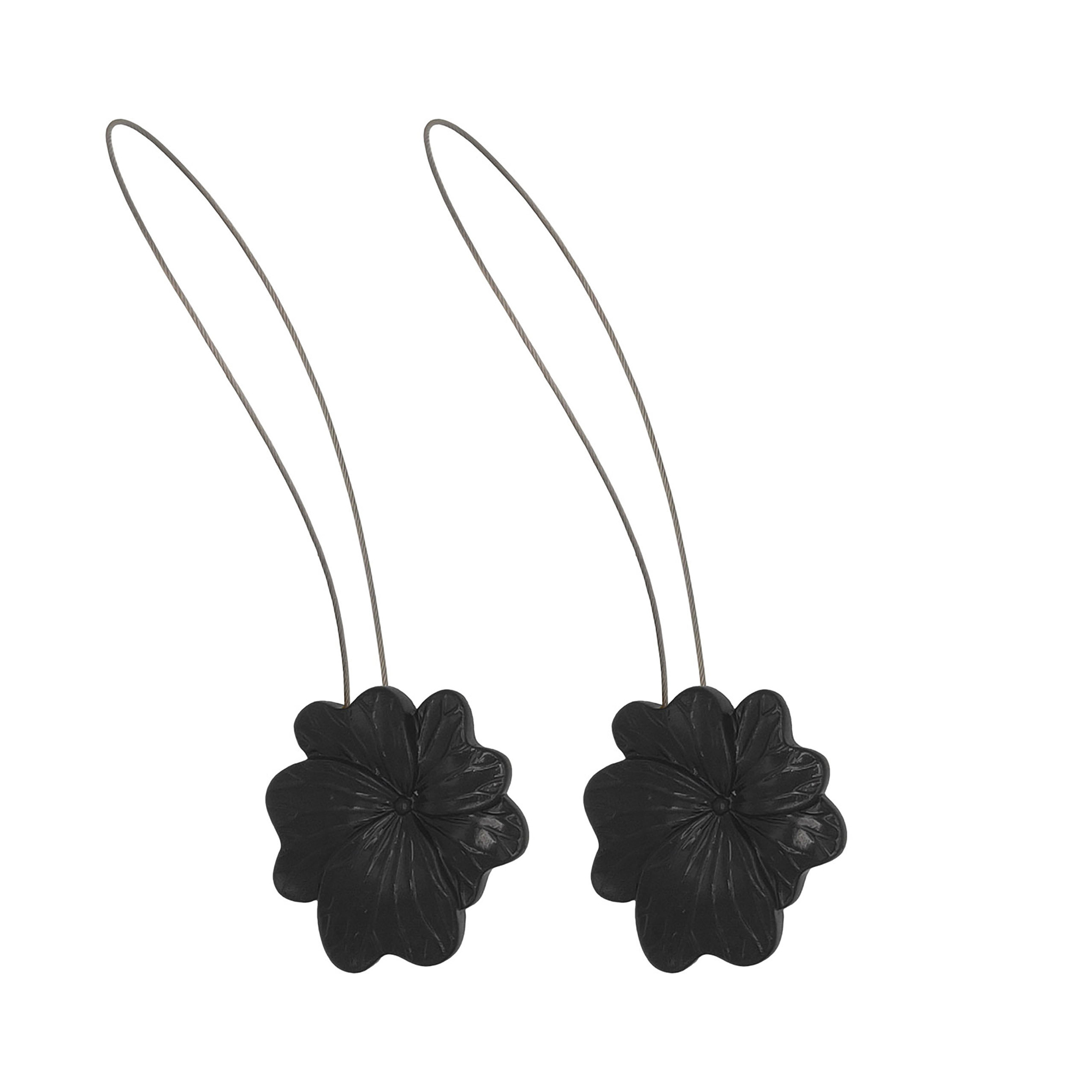 01 (set-of-2 packshot): Set of two matte black metal flower curtain tiebacks with thin silver cable loops, shown against a plain background to highlight the sculpted petal detail.