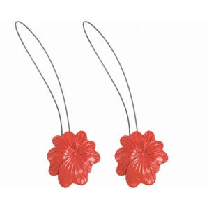 01 (set-of-2 packshot): Set of two terracotta metal flower curtain tiebacks with thin silver cable loops, shown against a plain background to highlight the glossy sculpted petal detail.