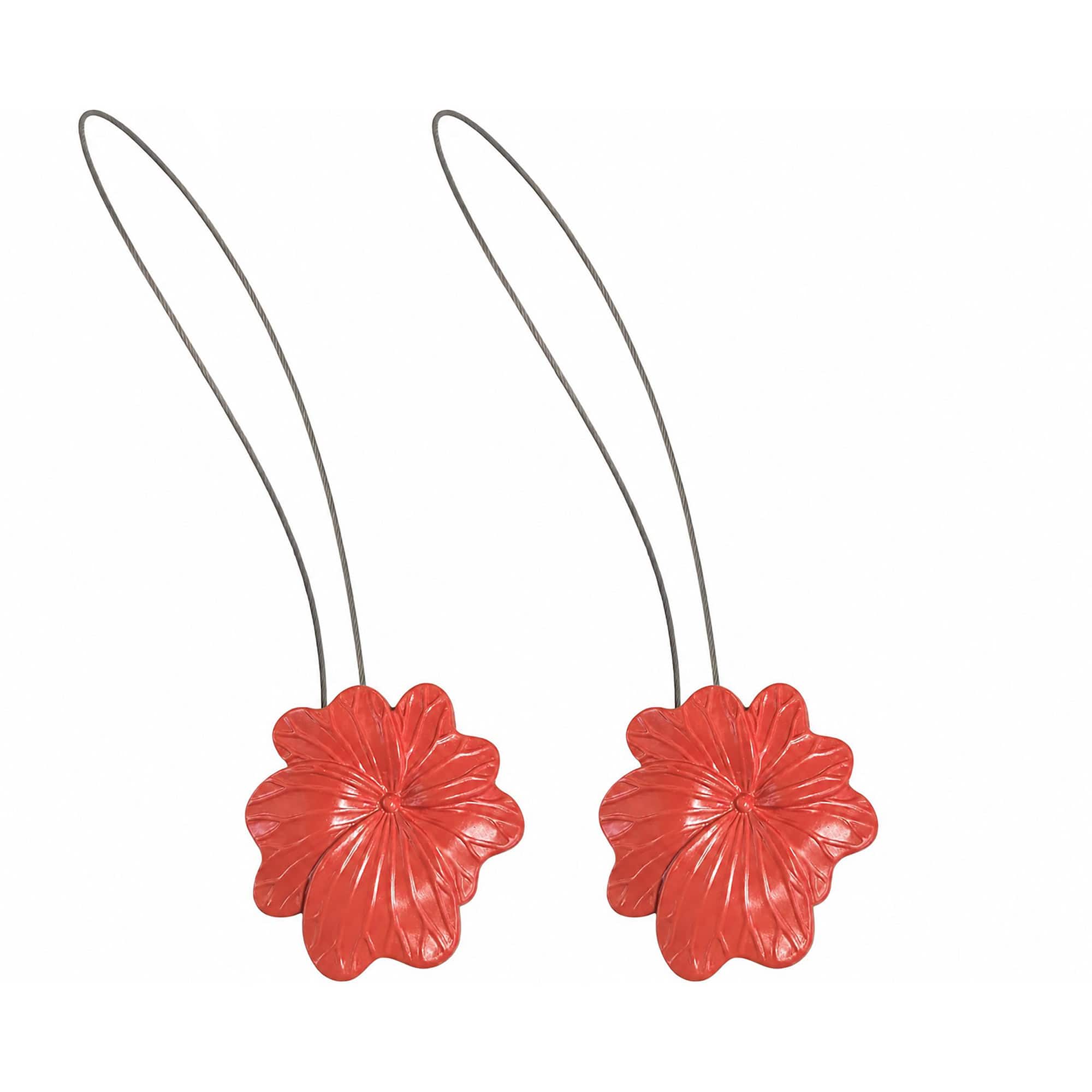 01 (set-of-2 packshot): Set of two terracotta metal flower curtain tiebacks with thin silver cable loops, shown against a plain background to highlight the glossy sculpted petal detail.