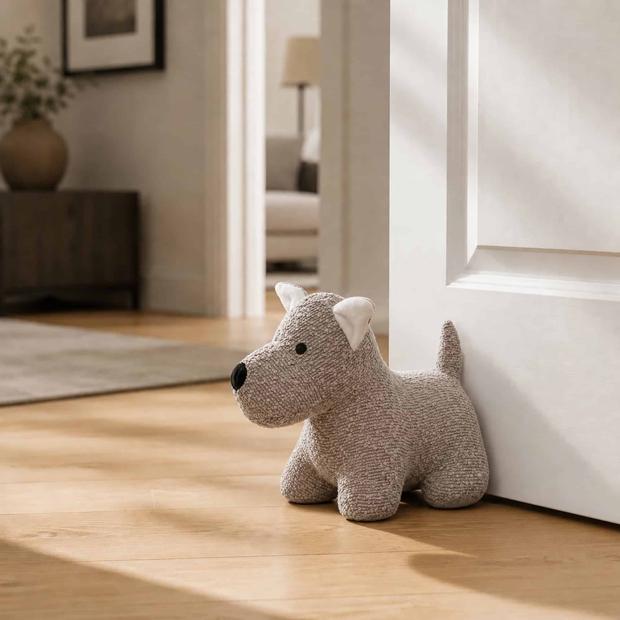 Taupe Dog Door Stopper, Weighted Boucle Decorative Floor Holder