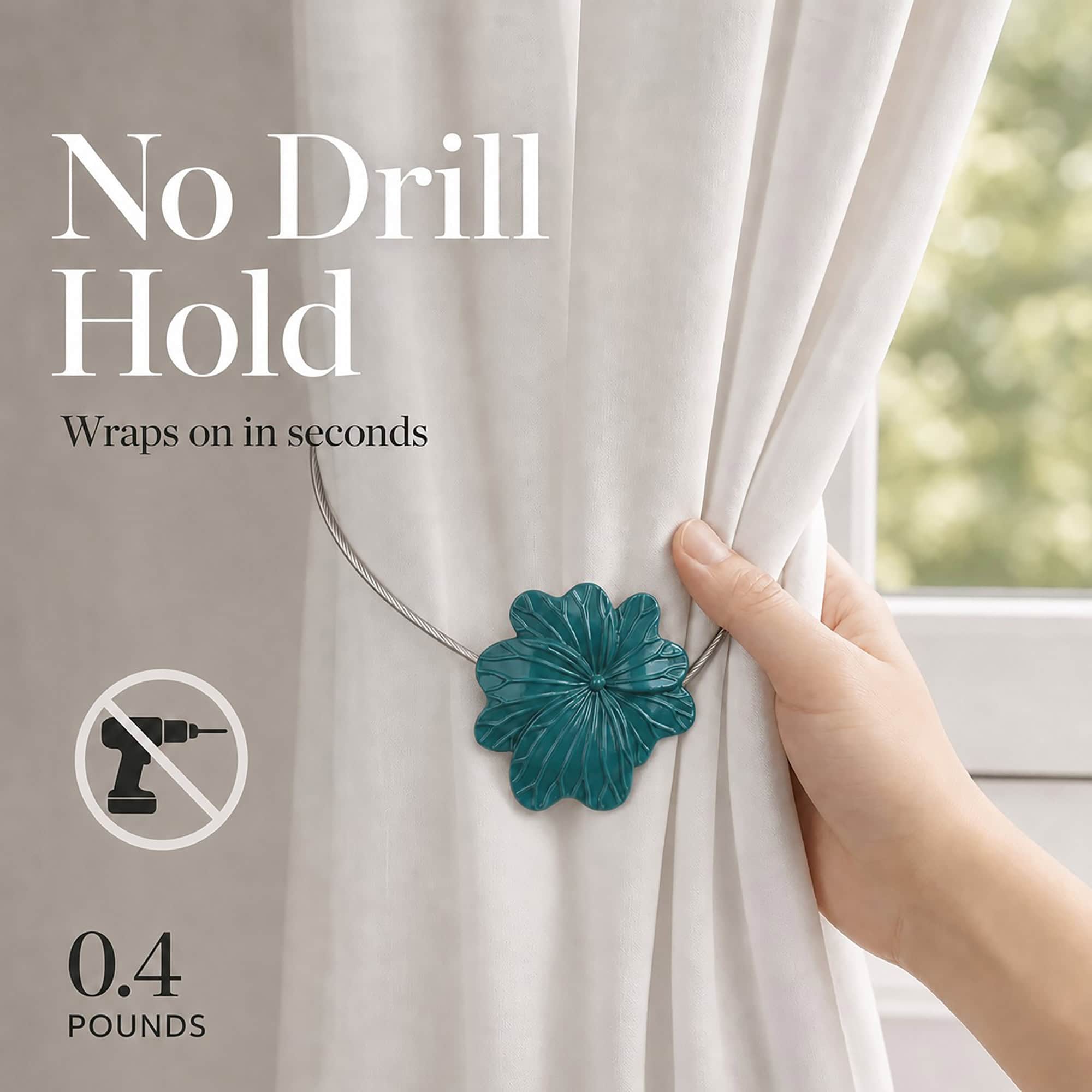 03 (no drill hold): A hand gathers a cream curtain held by the lightweight dark green flower tieback, which weighs about zero point four pounds and needs no drilling to install.