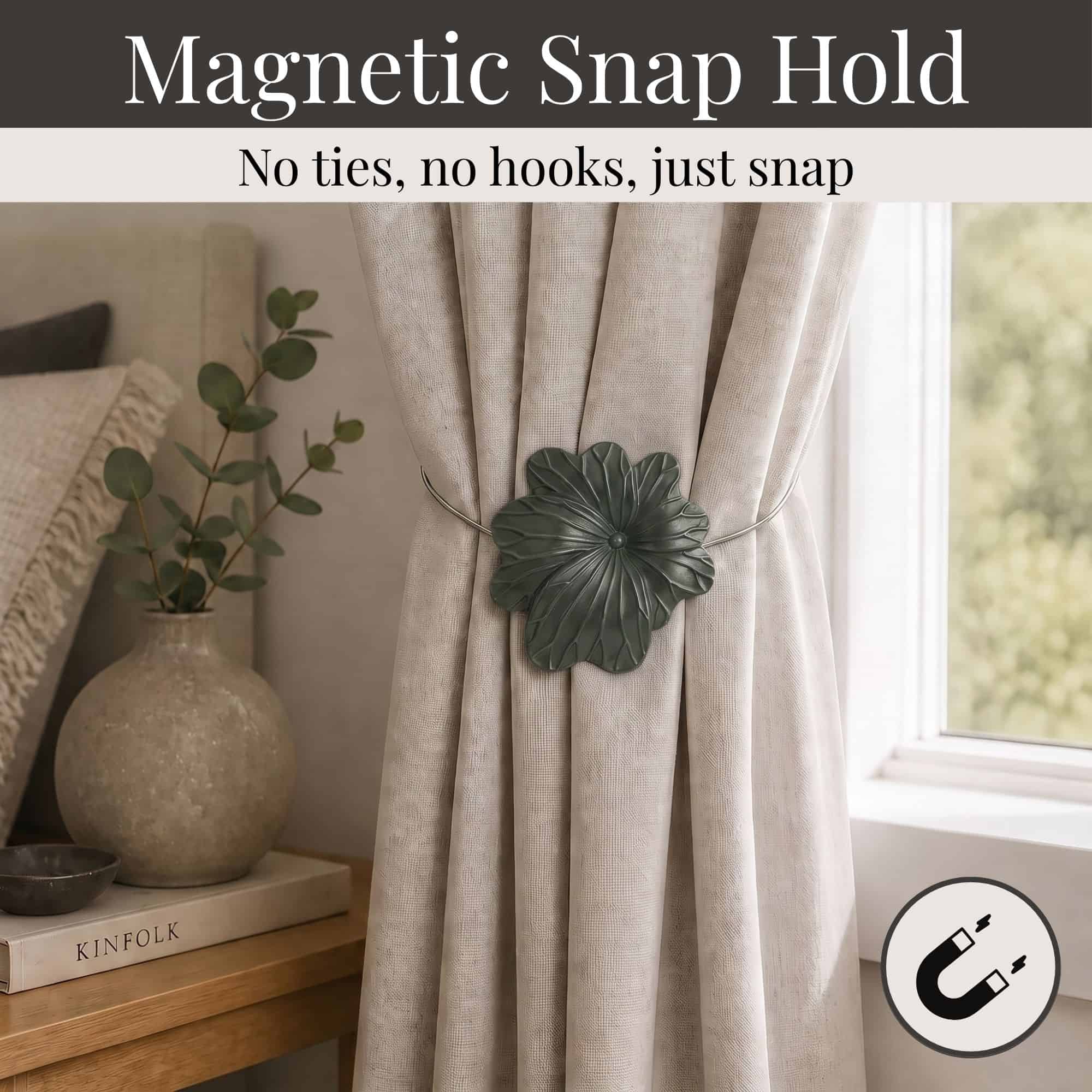 02 (magnetic snap hold): Khaki flower tieback holding a gathered oatmeal linen curtain beside a styled nightstand, its magnetic ends snapping shut with no ties or hooks needed.