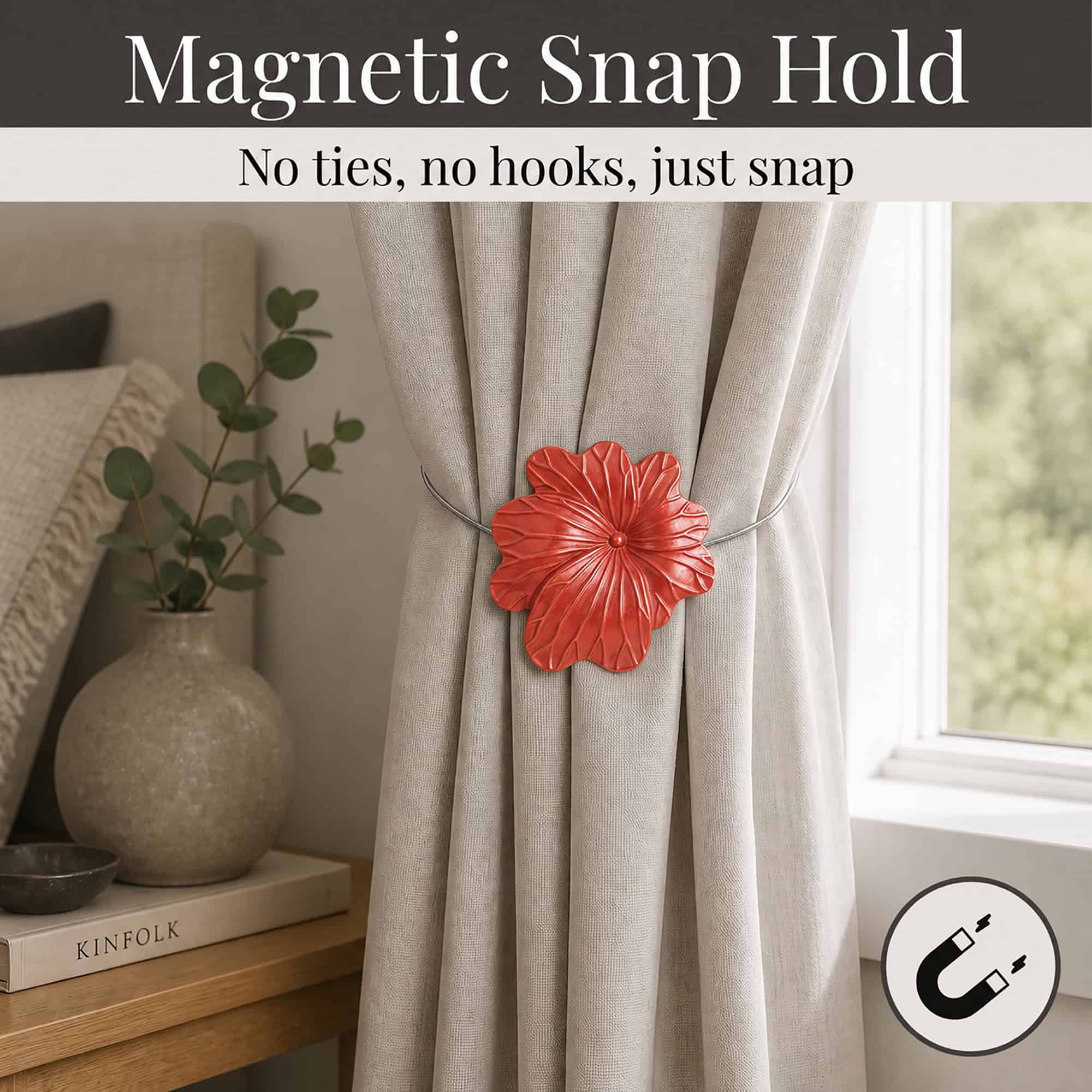 02 (magnetic snap hold): Terracotta flower tieback holding a gathered oatmeal linen curtain beside a styled nightstand, its magnetic ends snapping shut with no ties or hooks needed.