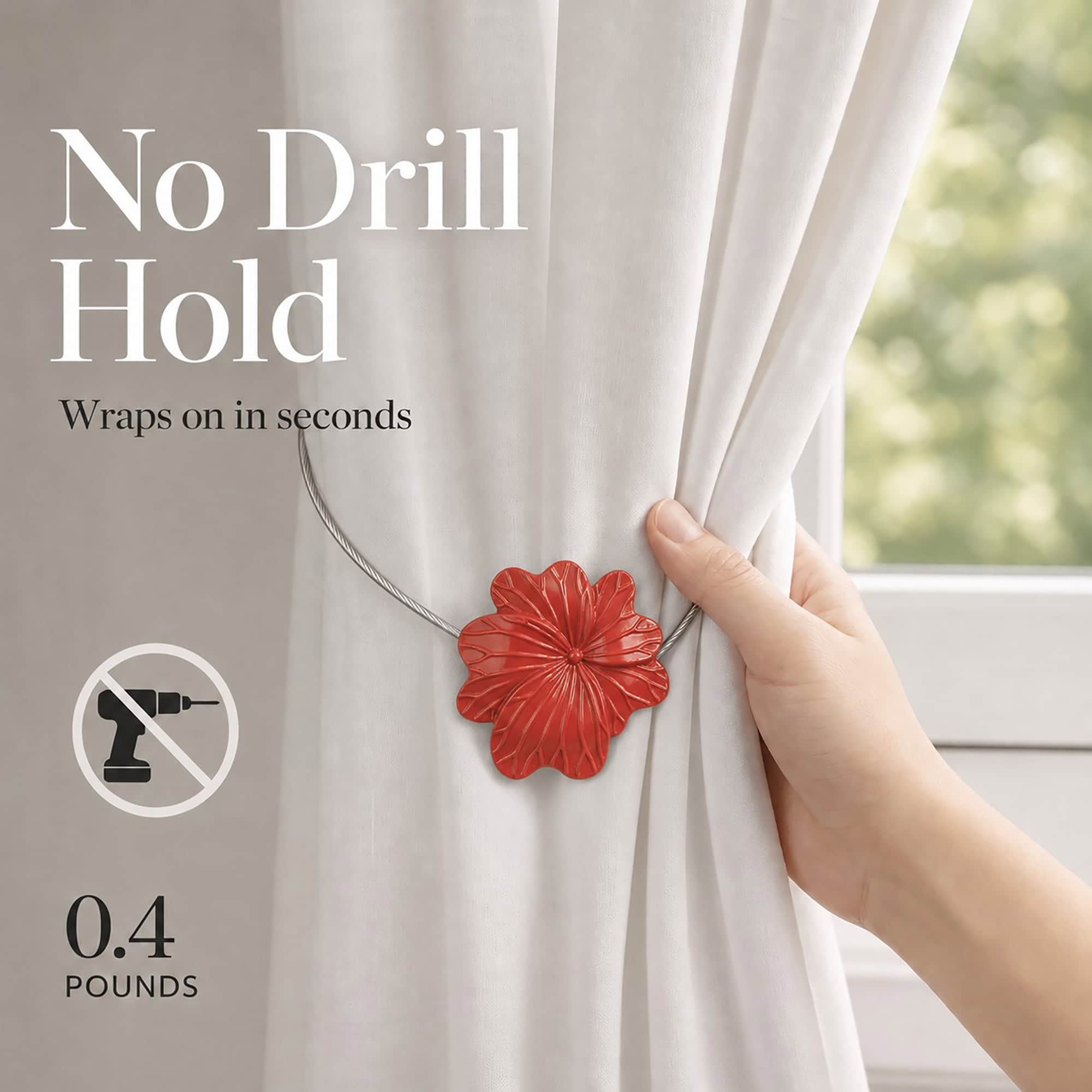 03 (no drill hold): A hand gathers a cream curtain held by the lightweight terracotta flower tieback, which weighs about zero point four pounds and needs no drilling to install.