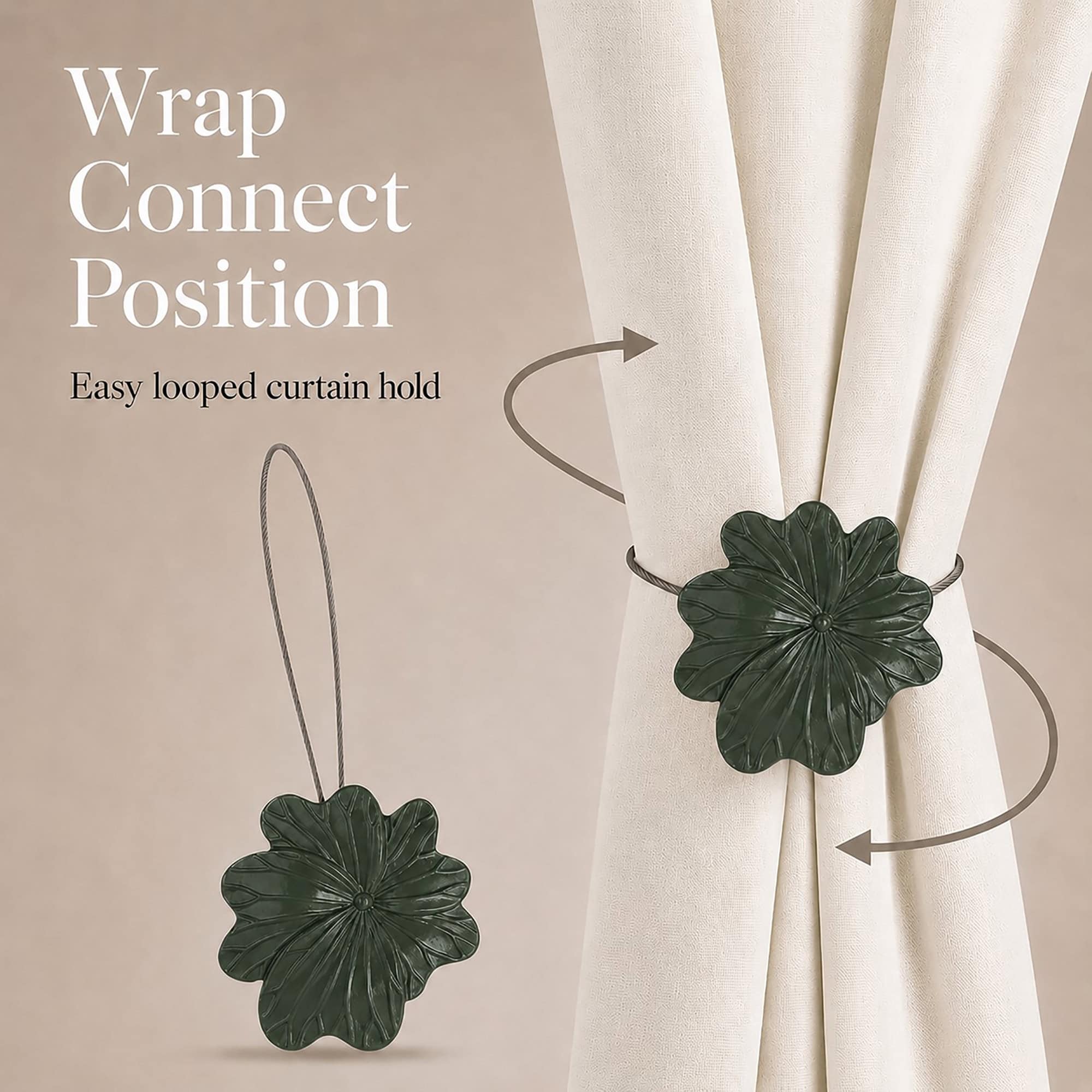 04 (wrap connect position): Diagram showing the flexible cable wrapping around a cream curtain and looping back to the flower, illustrating the simple wrap and connect holding position.