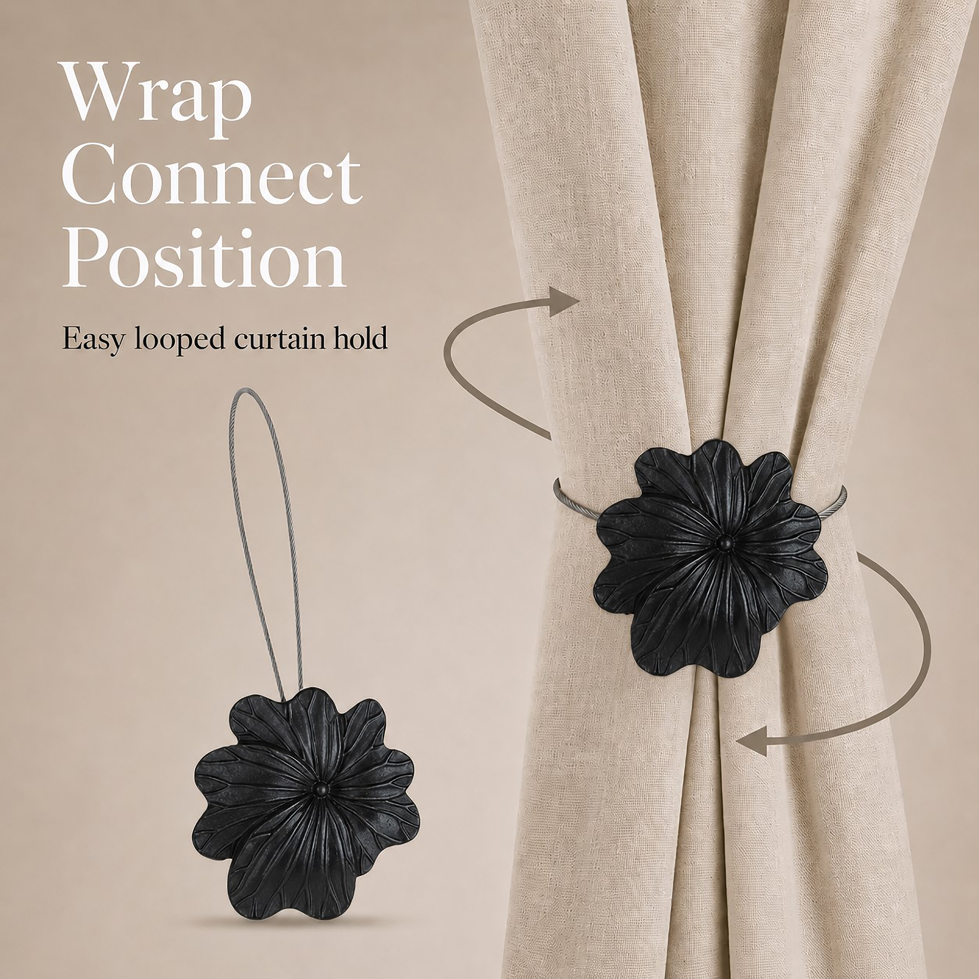 04 (wrap connect position): Diagram showing the flexible cable wrapping around a cream curtain and looping back to the flower, illustrating the simple wrap and connect holding position.